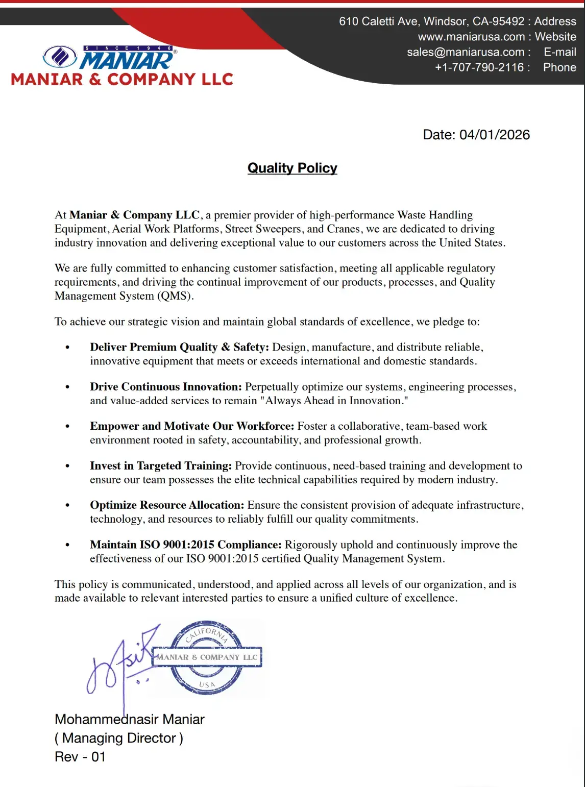 Quality Policy Certificate